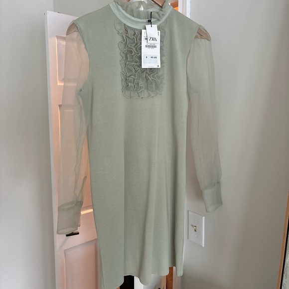 Zara Sheer Sleeve Dress in Light Green - Picture 1 of 8